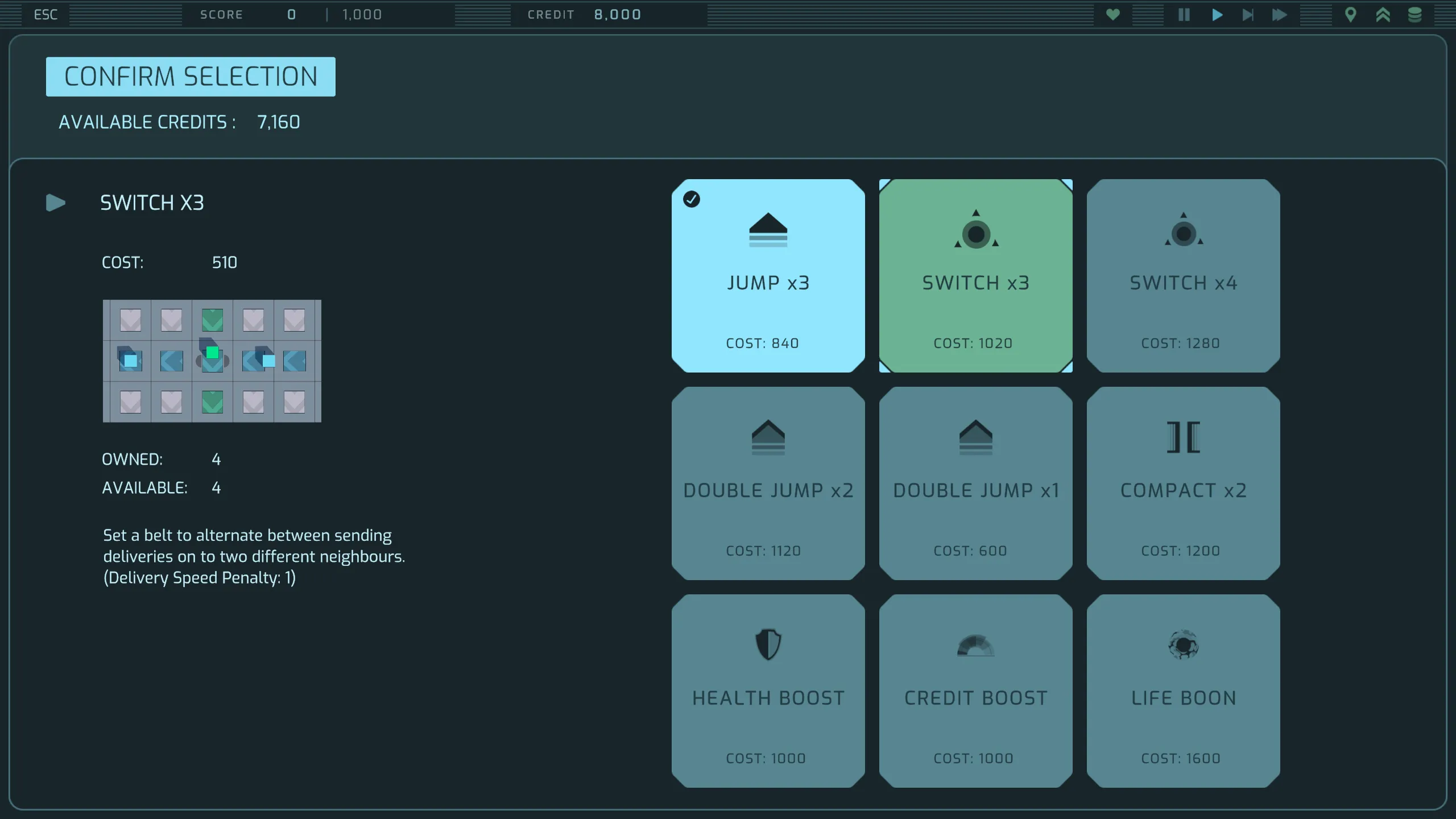 The ability selection screen, with cards for jumps, switches, double jumps, compact and boosts, and the details of Switch x3