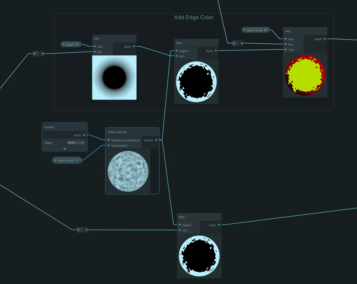 Shader Graph: an Add Edge Color group where the gradient plus an Edge value goes through a second Step node, whose output drives a Lerp to an Edge Color