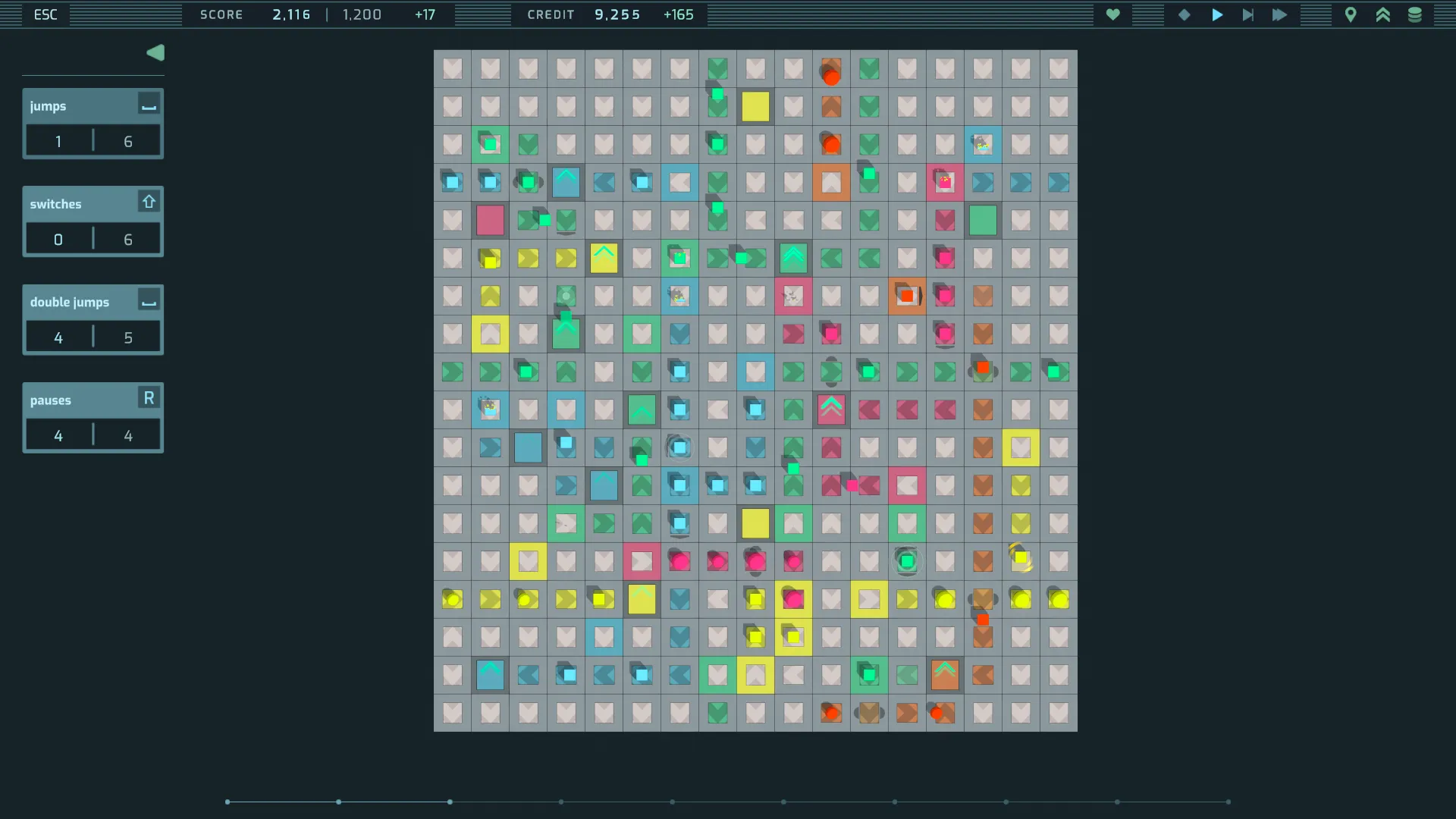 A much bigger level later in a run, packed with deliveries, with jumps, switches, double jumps and pauses unlocked