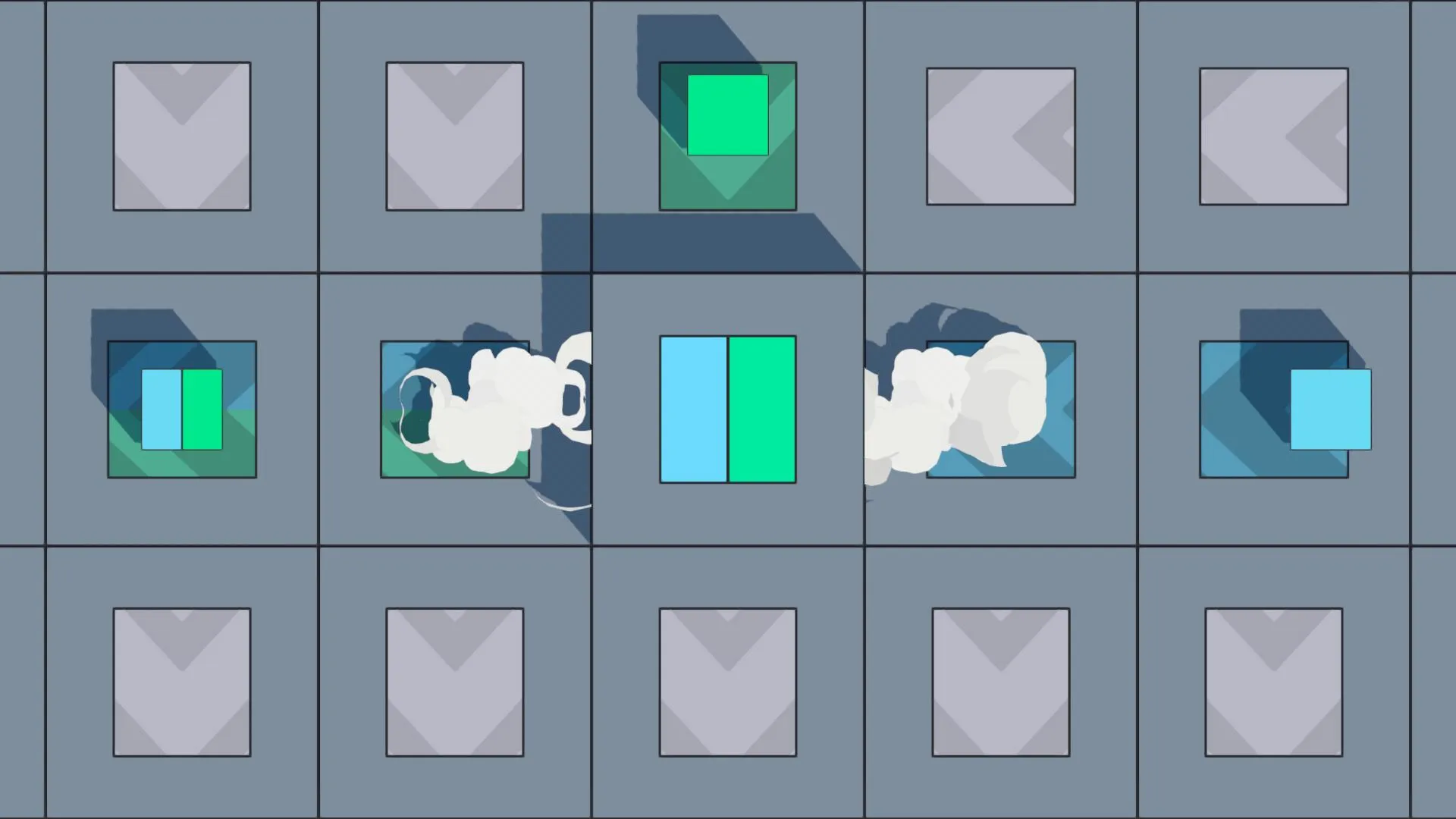Close-up of a blue and a green delivery combining into one, with puffs of smoke on either side