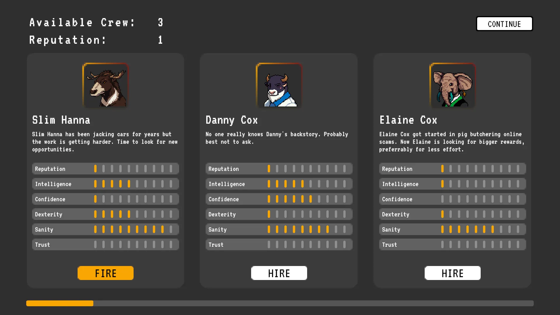 The crew screen: three recruits, each with a portrait, a short history and bars for reputation, intelligence, confidence, dexterity, sanity and trust