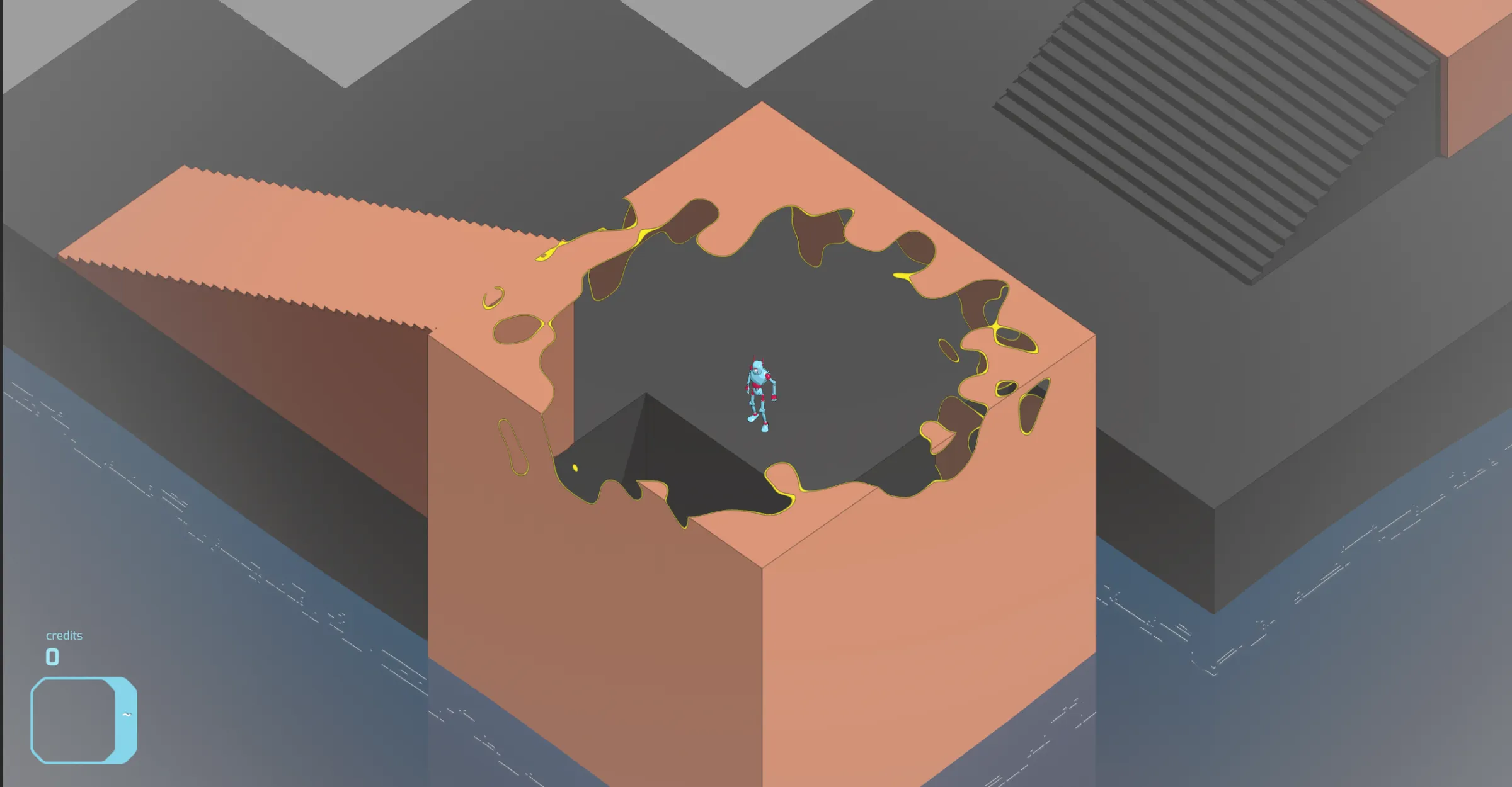 The dissolved hole in the level with glowing yellow edges and darker back faces