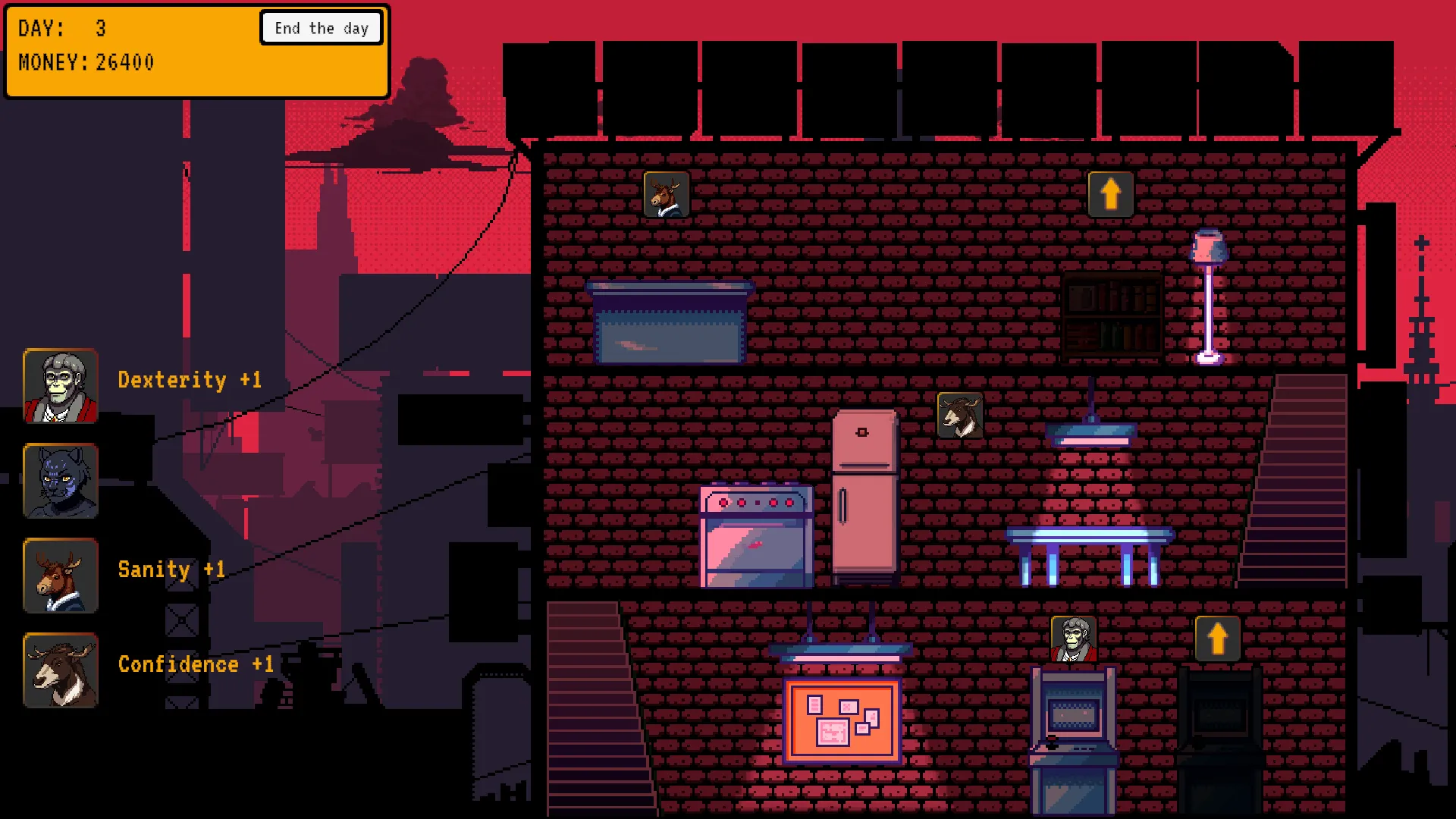 The end of a day: the crew's stat gains listed over a night-time street, with the day count and the money earned so far