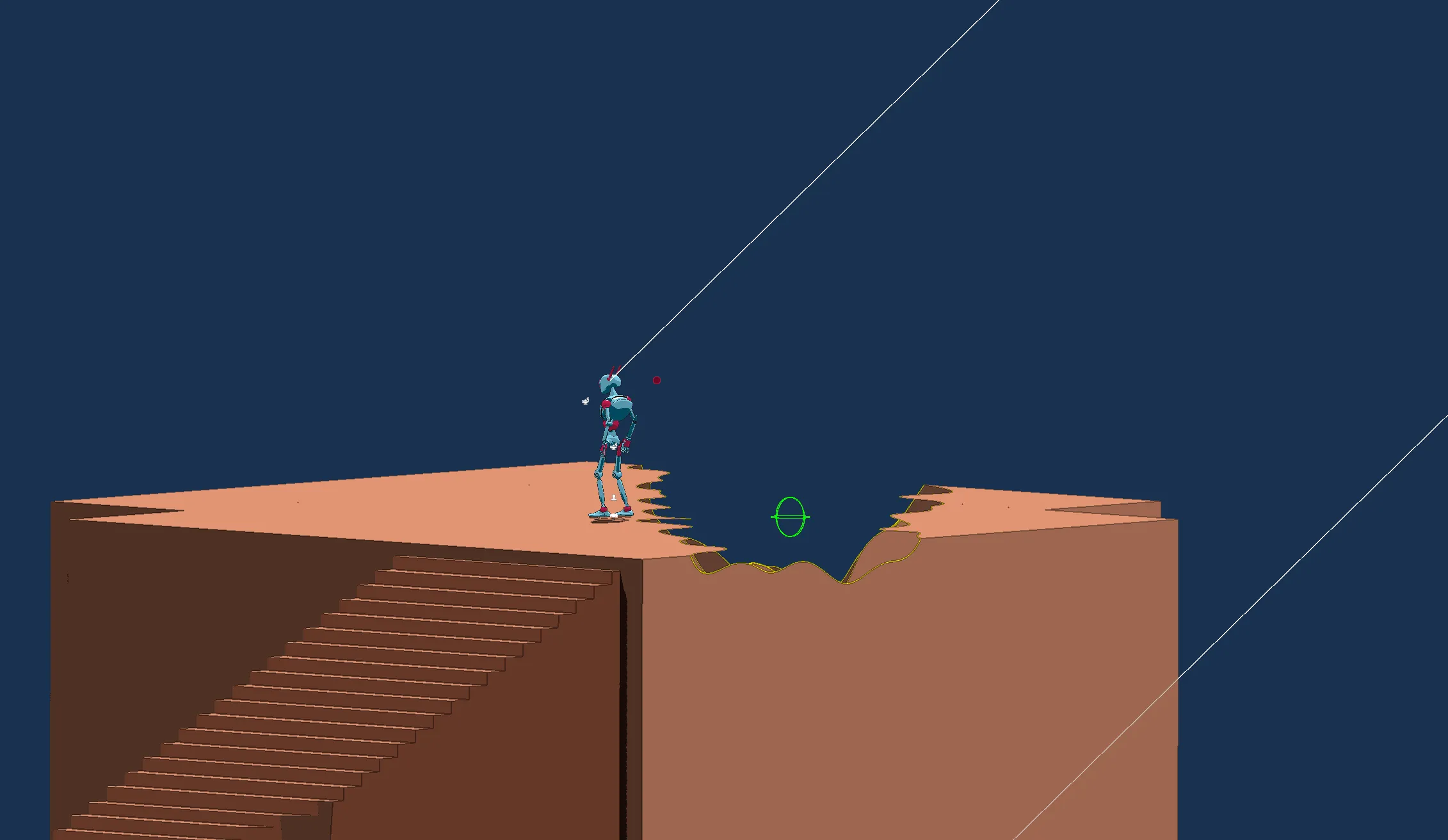 Side view of the character with the sphere cast drawn as debug lines and the floor in front of them dissolving