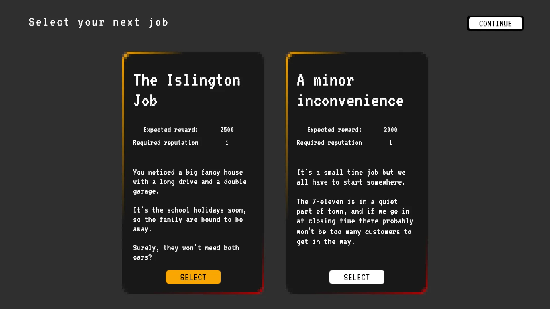 Choosing between two jobs, each with its expected reward, the reputation it needs and a short brief