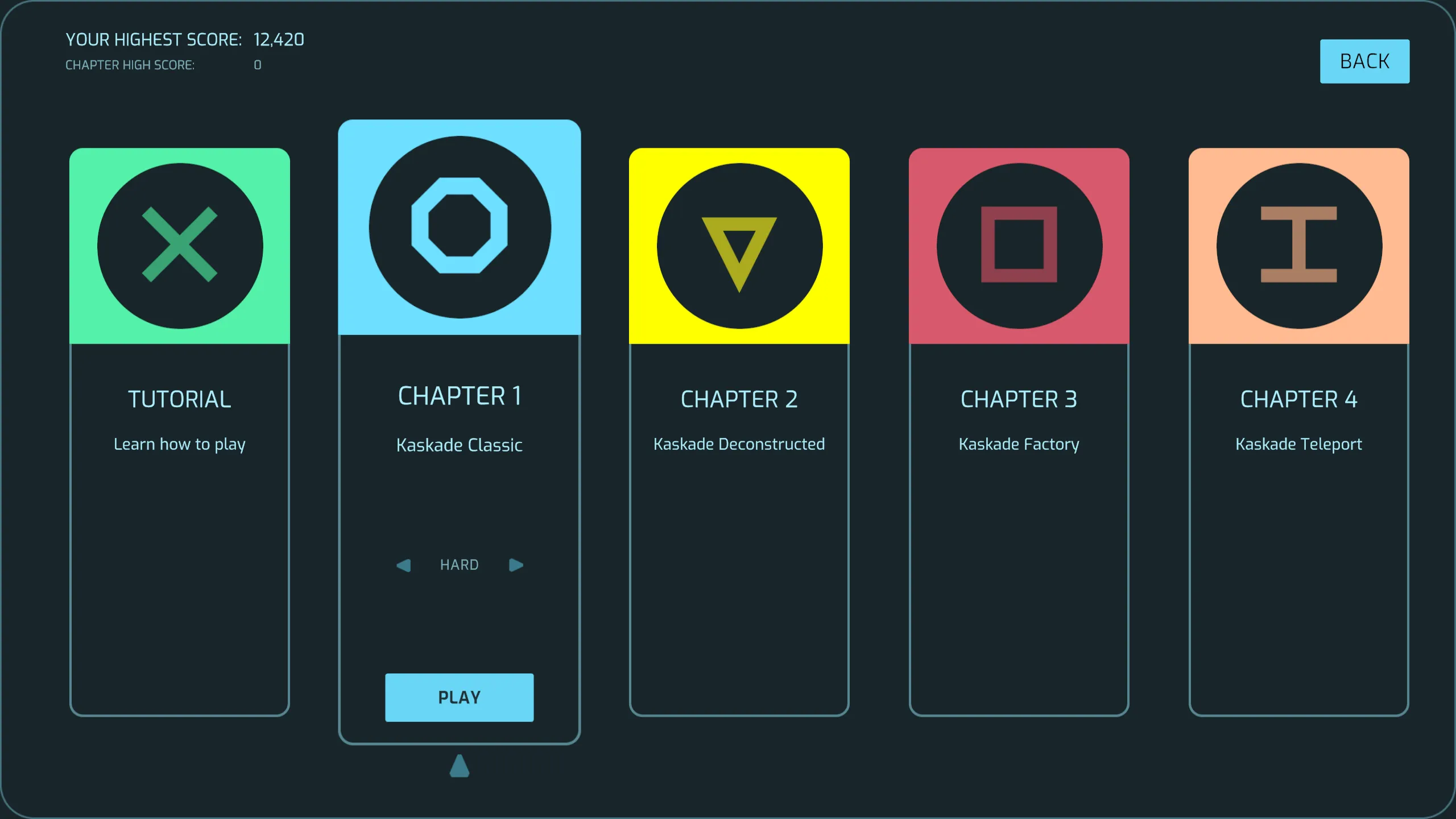 The chapter select screen: Tutorial, then Chapters 1 to 4, Kaskade Classic, Deconstructed, Factory and Teleport