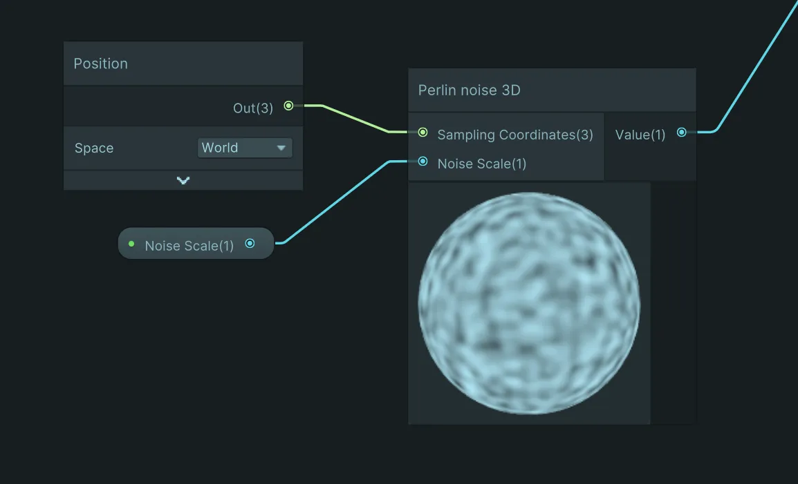 Shader Graph: a Position node set to World space feeding the Sampling Coordinates of a Perlin noise 3D node, with an exposed Noise Scale