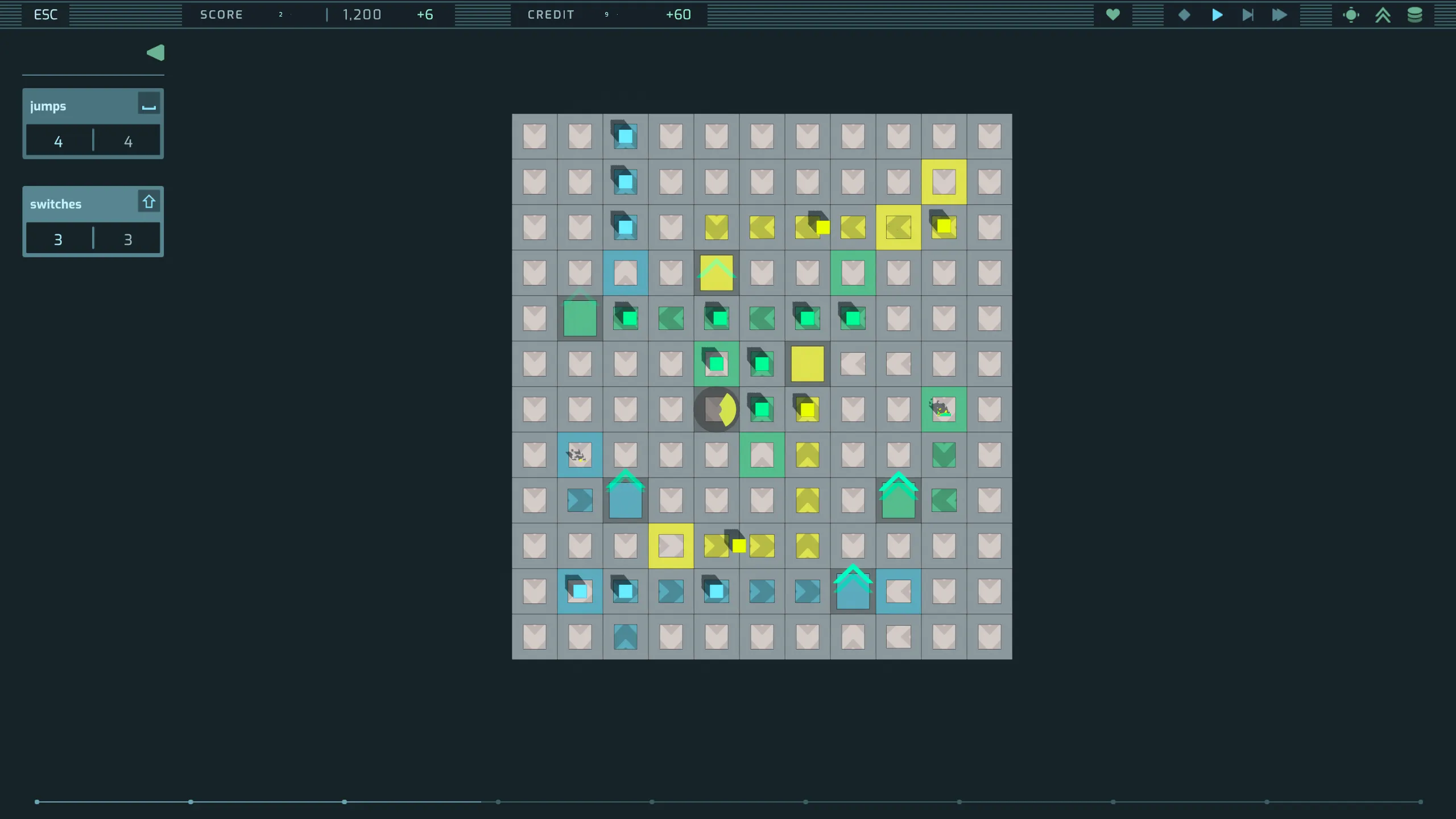 A level with destinations spread across the grid, and jumps and switches ready