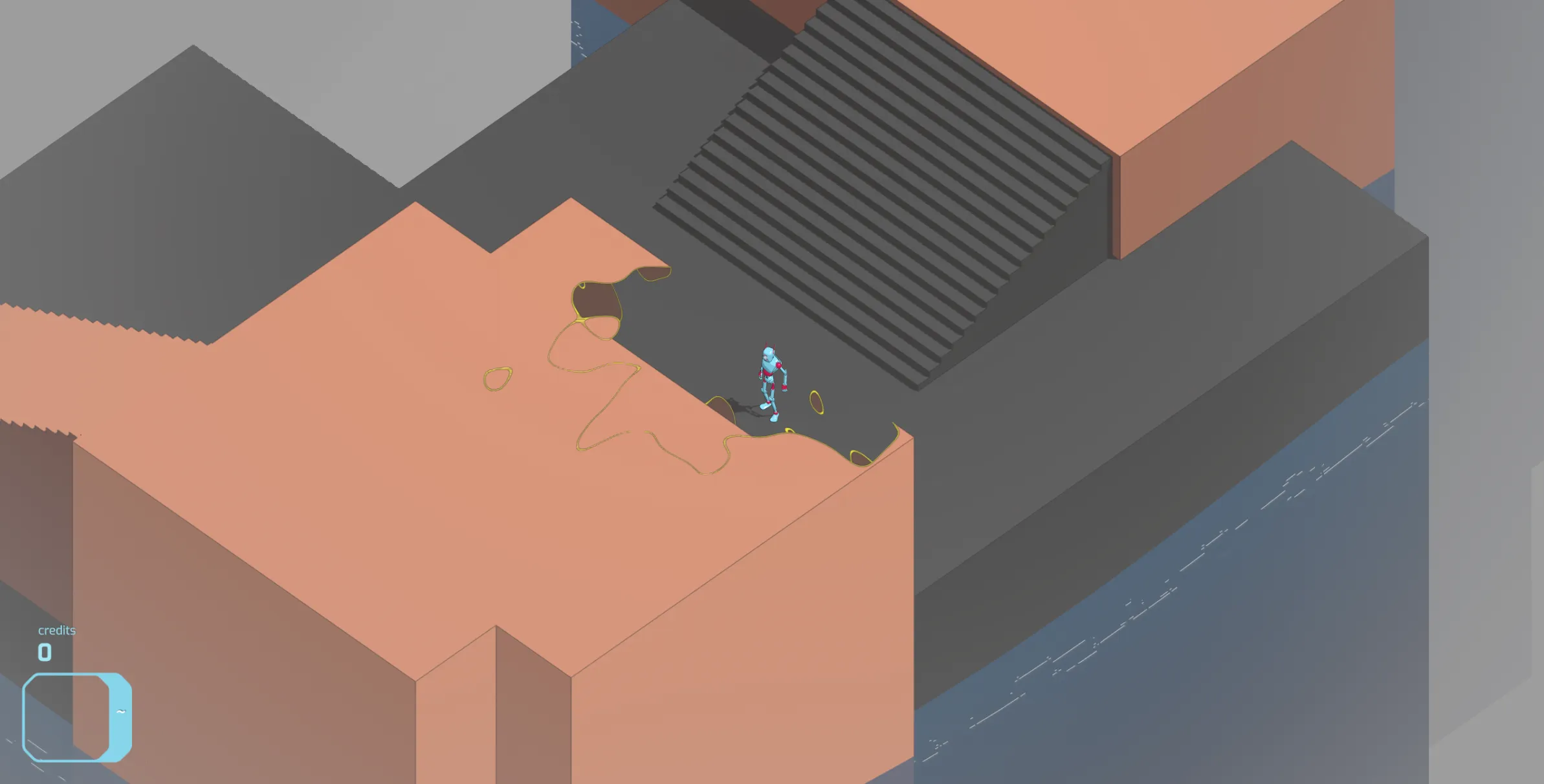Two blocks in front of the character: the right one dissolves while the left one stays opaque and shows through the hole