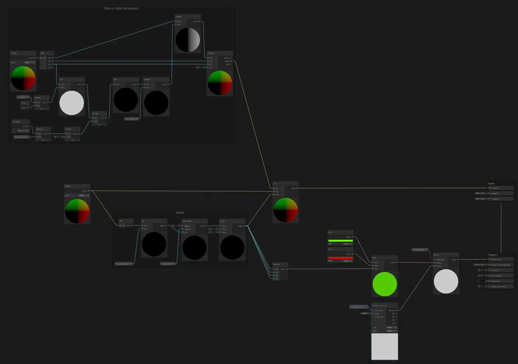 The complete swim animation Shader Graph, with the side to side movement, the mask and the color feedback