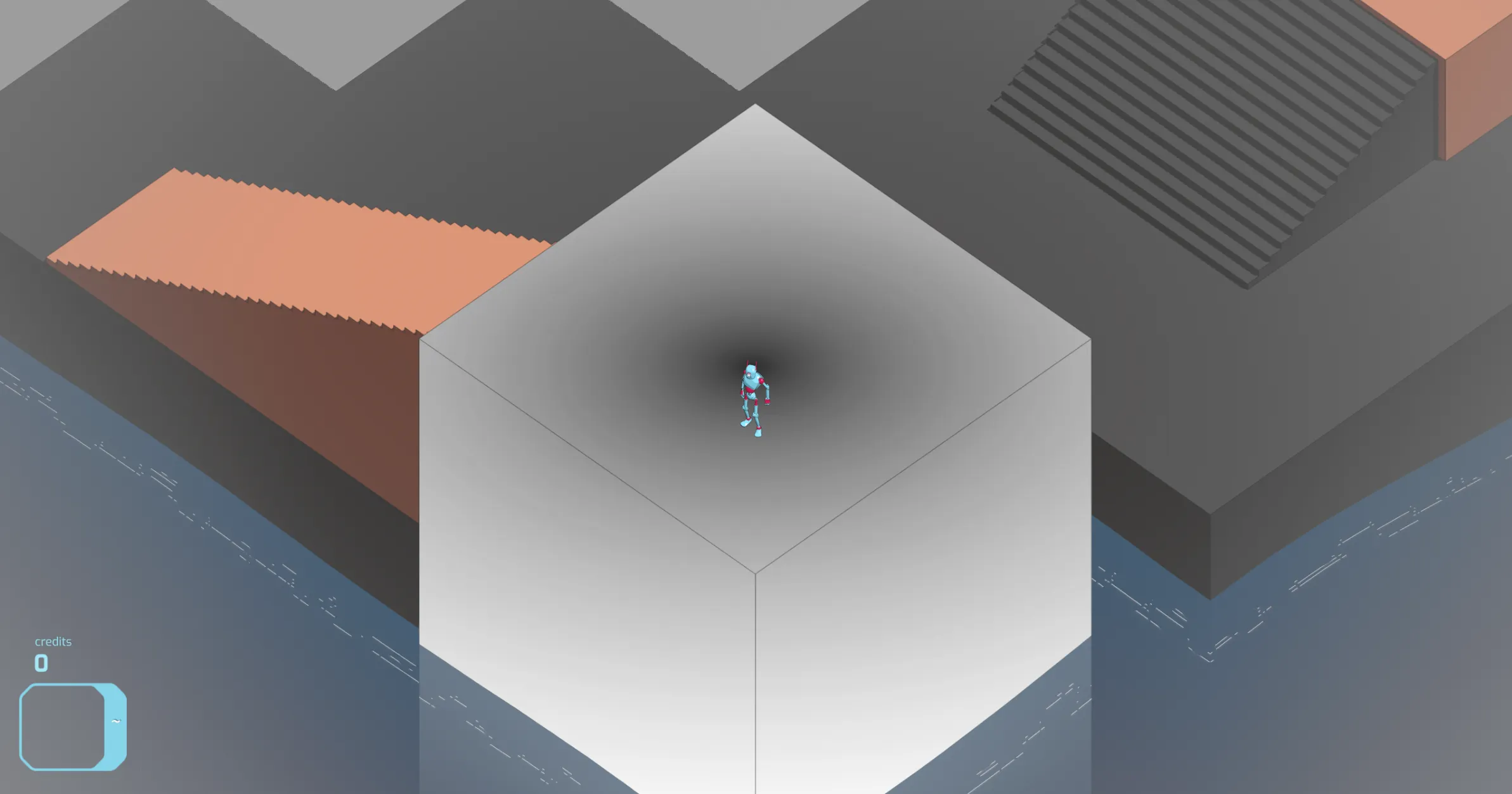 A block shaded by the gradient: black at the center of the screen around the character, fading to white towards the edges