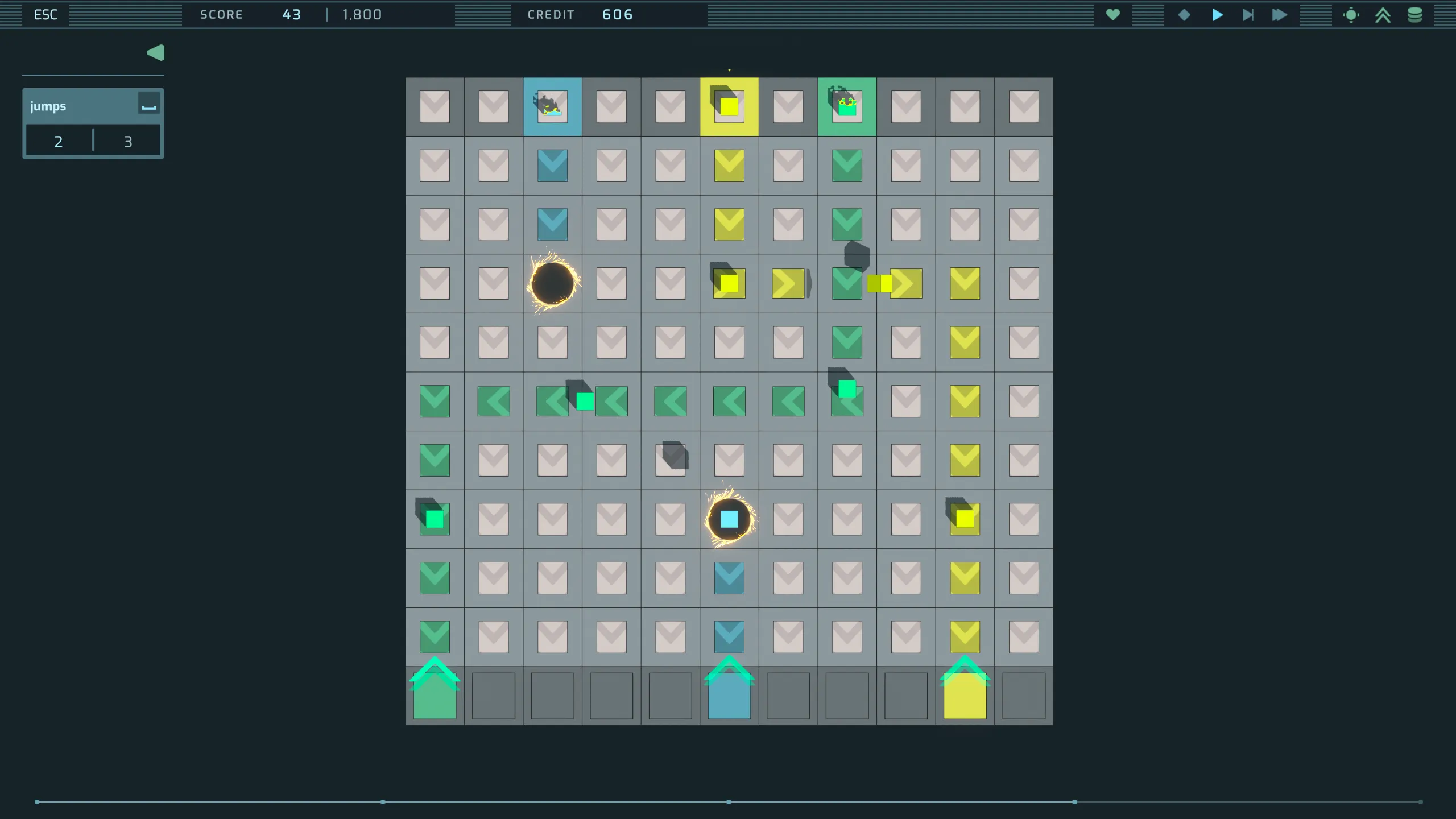 A level with two glowing black teleport holes on the grid