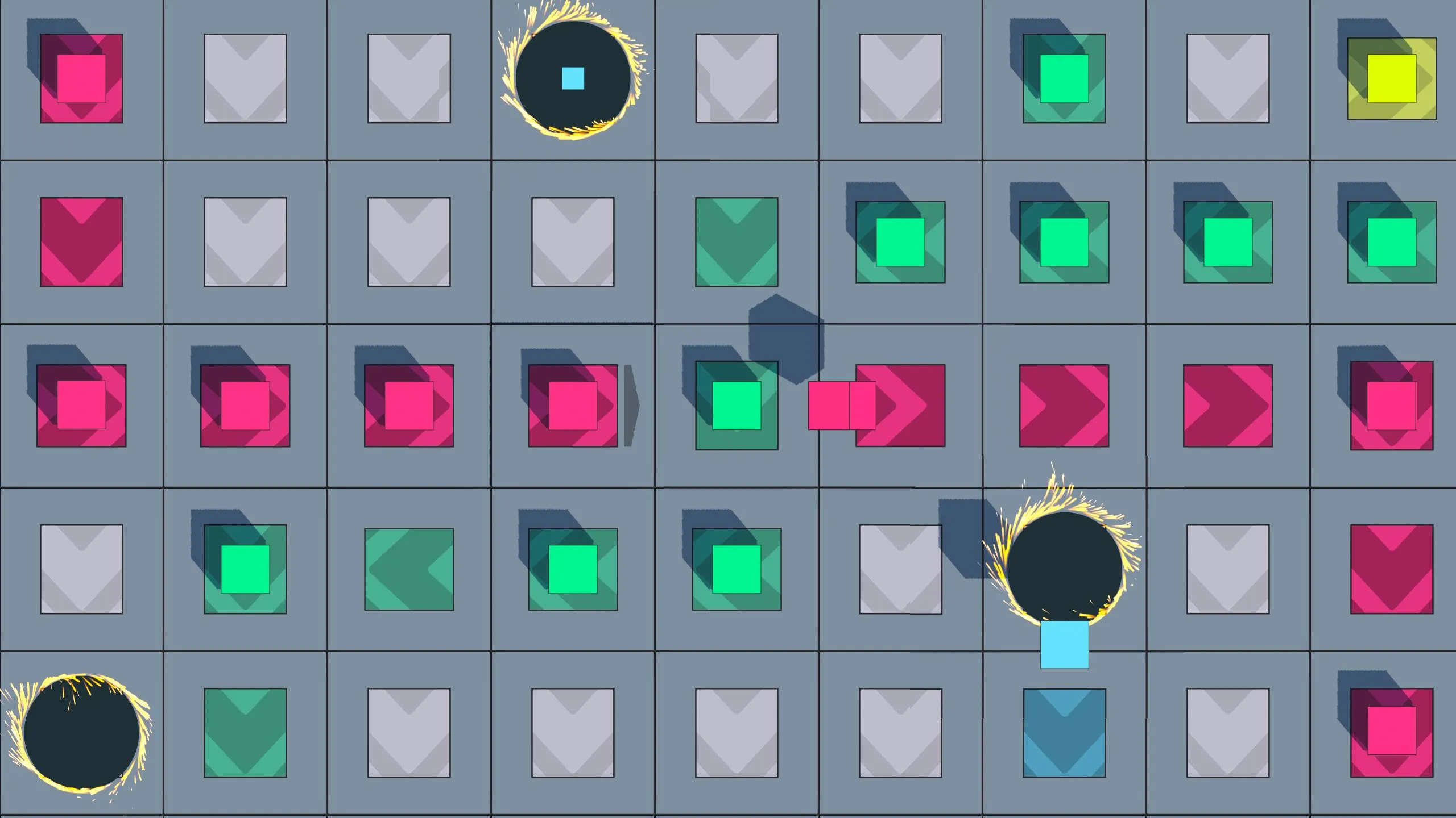 Close-up of pink, green and blue deliveries on belts next to glowing black teleport holes