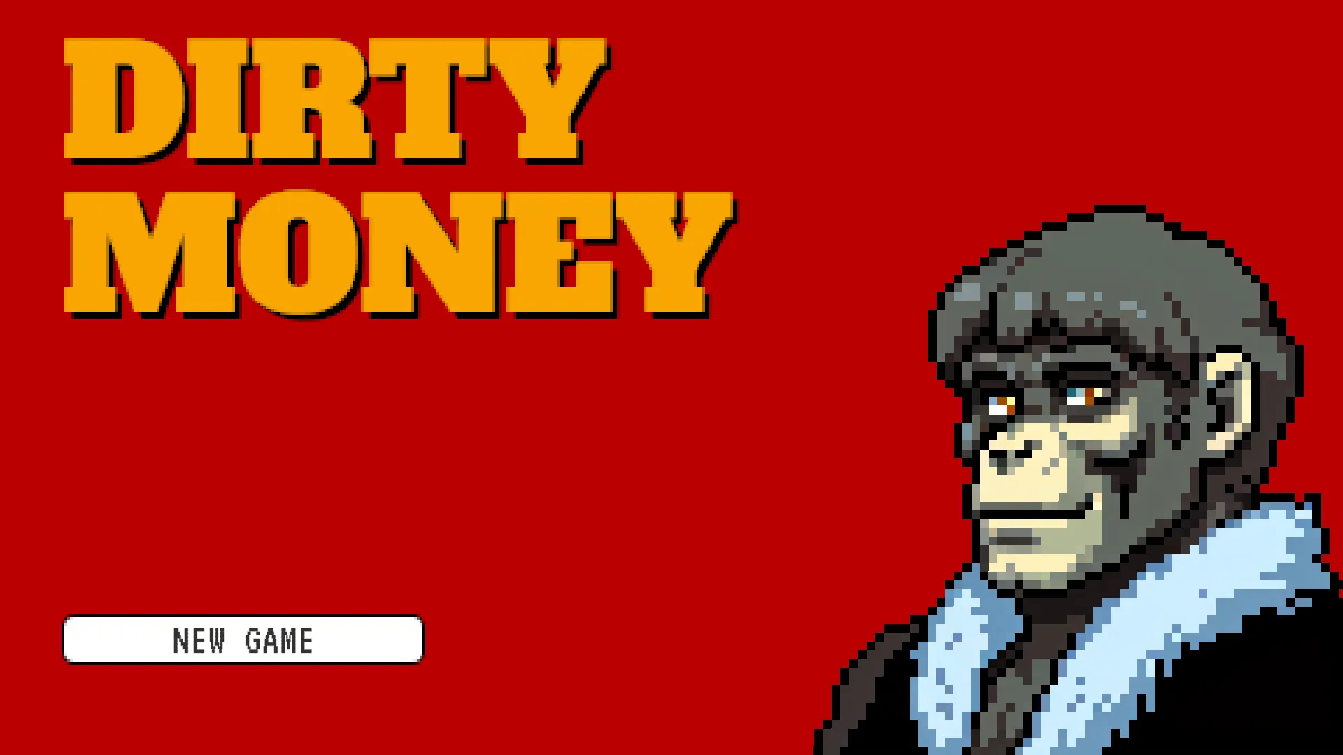 The title screen: the game's name in gold pixel lettering beside a gorilla in a fur-collared coat