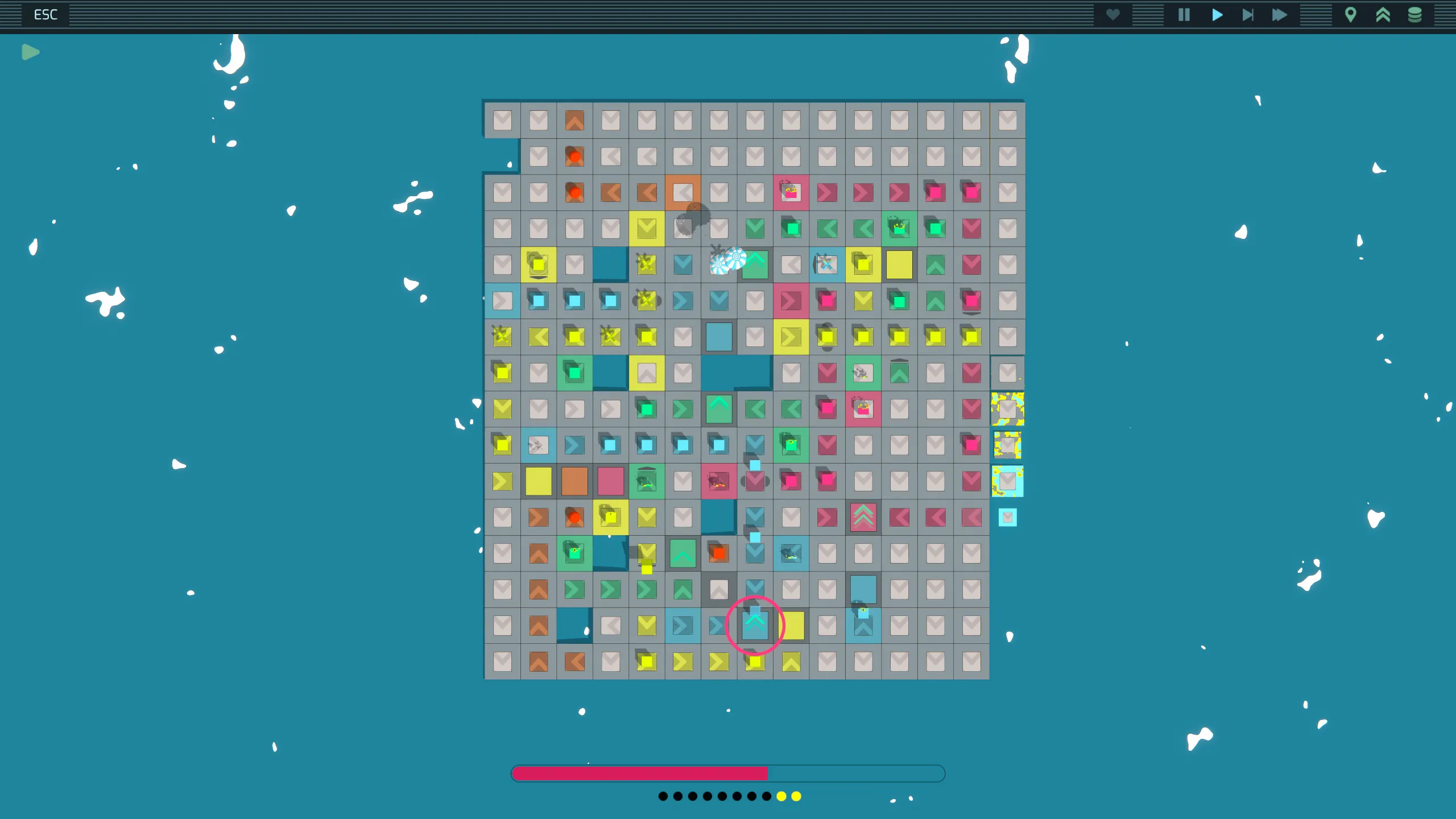 The whole water level: a grid of busy belts floating on blue water, with the Failed Delivery bar filling up below